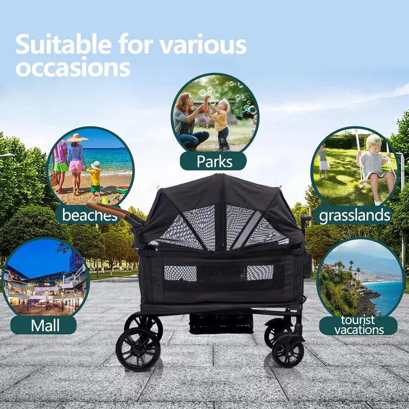 Lightweight Foldable Double Wagon Stroller  Push-Pull Travel Stroller for Newborns & Toddlers, 5-Point Safety Harness, Canopy, Tray Table & Cup Holder
