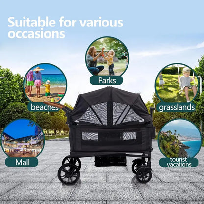 Lightweight Foldable Double Wagon Stroller  Push-Pull Travel Stroller for Newborns & Toddlers, 5-Point Safety Harness, Canopy, Tray Table & Cup Holder