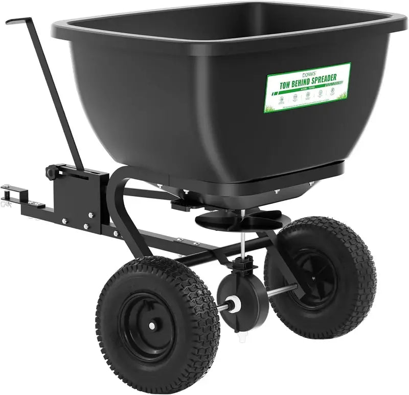Heavy-Duty Tow-Behind Broadcast Spreader  200 lb Capacity, 13″ Pneumatic Tires, Adjustable Flow Control for Seed, Fertilizer & Ice Melt