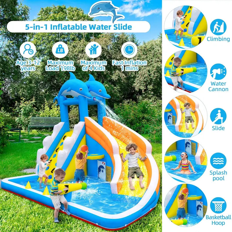 5-in-1 Inflatable Dolphin Water Play Center  Bounce House, Climbing Wall, Splash Pool, Water Cannon & Basketball Hoop for Backyard Fun