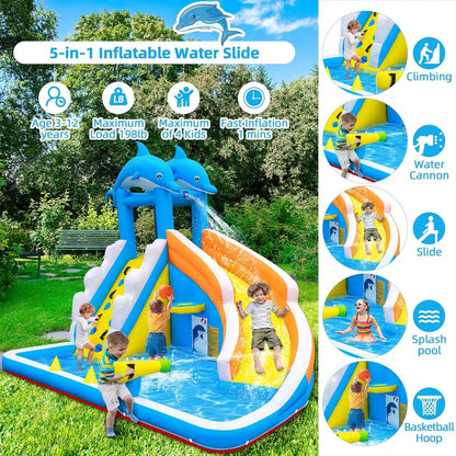 5-in-1 Inflatable Dolphin Water Play Center  Bounce House, Climbing Wall, Splash Pool, Water Cannon & Basketball Hoop for Backyard Fun