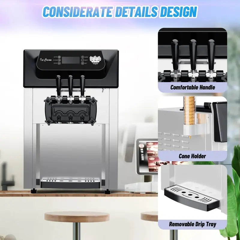 Commercial 3-Flavor Soft Serve Ice Cream Machine — 2200W, 5.37.4 Gal/Hr Output, LCD Touchscreen & Auto-Clean