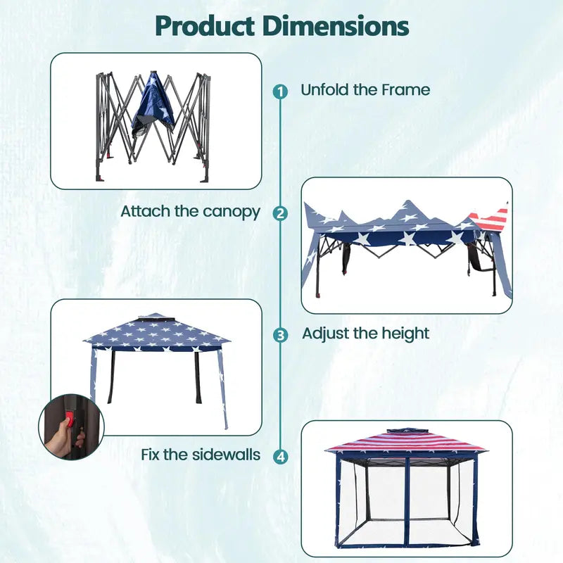 11′ x 11′ Pop-Up Gazebo with Mesh Sidewalls  Vented Canopy, Drainage Holes
