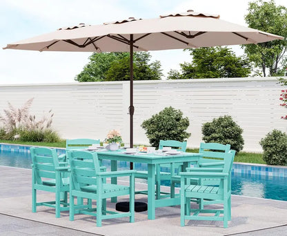 SERWALL 7-Piece Blue HDPE Outdoor Dining Set with Umbrella Hole and Stackable Chairs