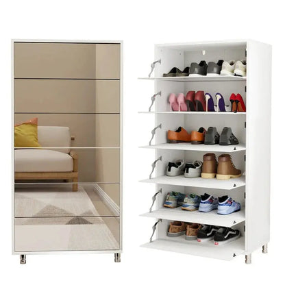 Flip-Door Mirror Shoe Cabinet  6-Tier Organizer with Metal Legs and Touch-Sensitive Drawers