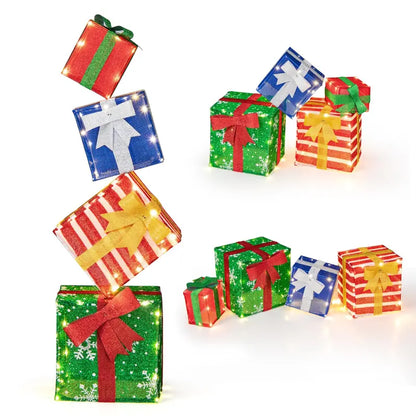 Set of 4 Stackable Pre-Lit Gift Box Decorations with Warm White LEDs &amp; Integrated Ribbons
