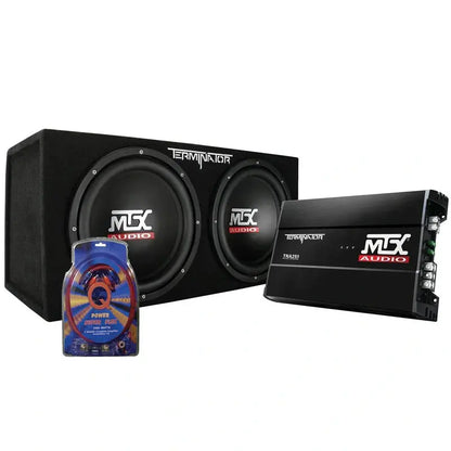 MTX 12″ Dual-Voice-Coil Car Subwoofer System  Includes Enclosed Box, Amplifier, and Complete QPower Wiring Kit