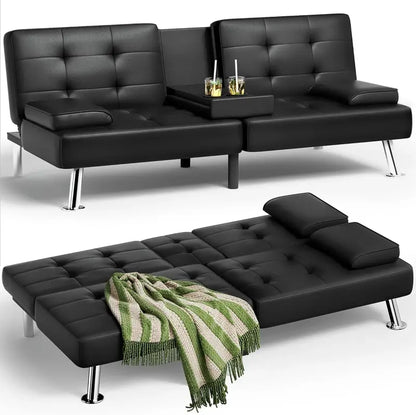 Leather Futon Sofa Bed with Removable Armrests, Reclining Sleeper Function & Dual Cup Holders  Black Modern Design