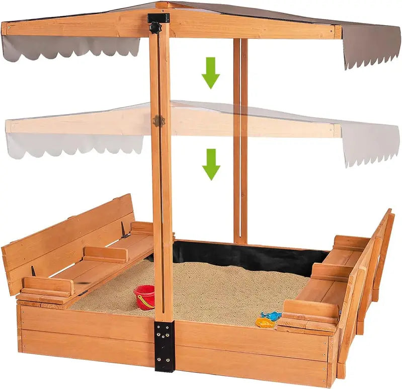 Wooden Outdoor Sandbox with Canopy  47″×47″ Sand Play Center Featuring Retractable Roof & Foldable Benches