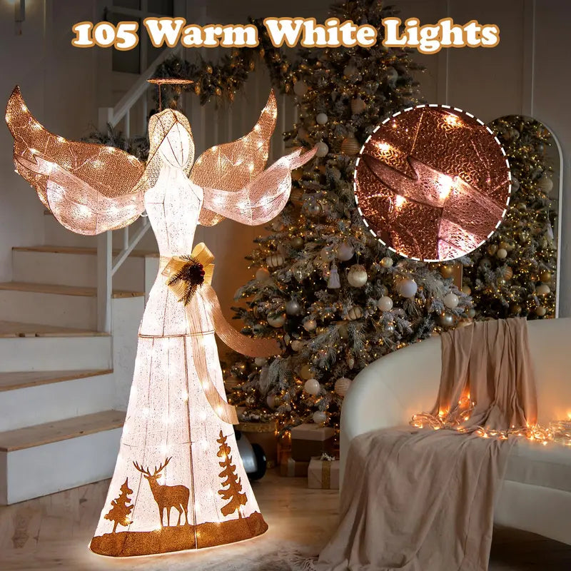 Pre-Lit 3D Glittered Angel Ornament with 100 Warm White Lights, Halo, Bow, and Ground Stake