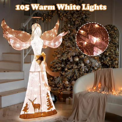 Pre-Lit 3D Glittered Angel Ornament with 100 Warm White Lights, Halo, Bow, and Ground Stake