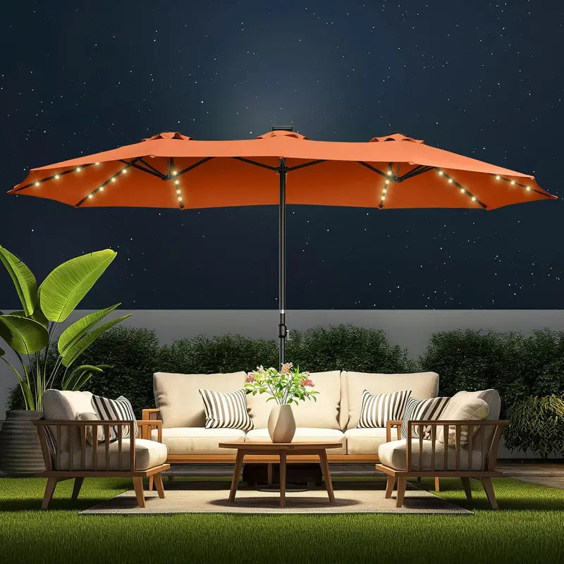 15-Foot Double-Sided Solar-Powered Patio Umbrella  LED-Lit Oversized Market Style with Base, Beige