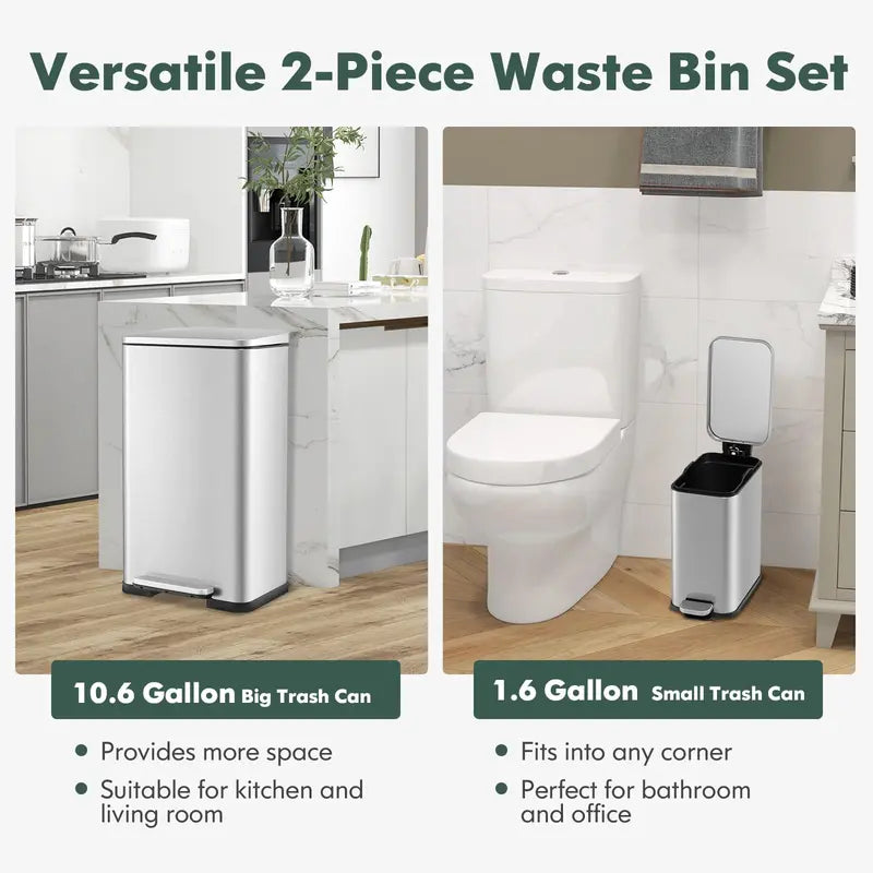 Dual-Size Step-Activated Stainless Steel Trash Can Set (10.6 Gal + 1.6 Gal)