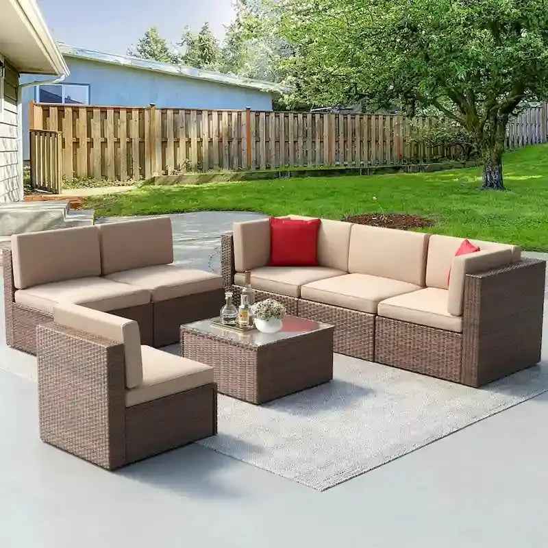 7-Piece PE Rattan Outdoor Sectional Set  Wicker Patio Sofa with All-Weather Cushions