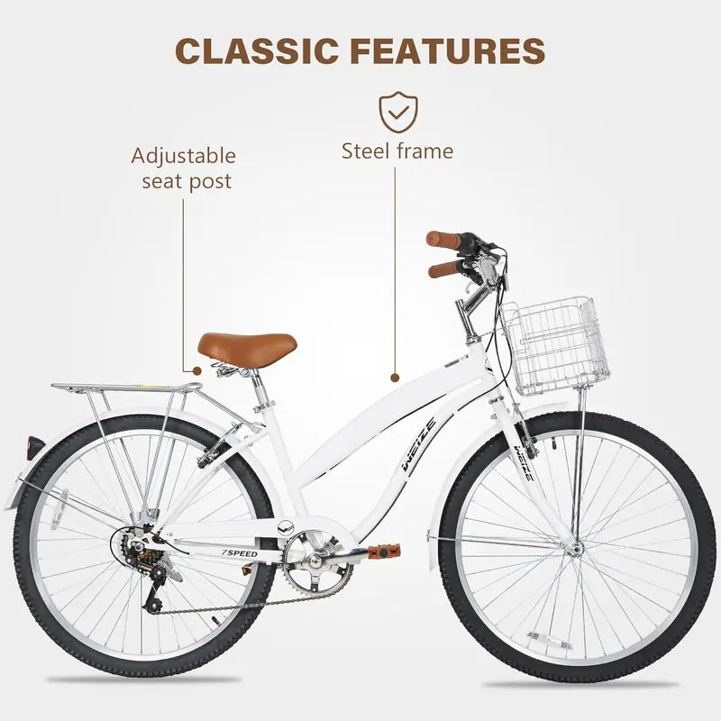 WEIZE 26″ Beach Cruiser Bike  7-Speed Commuter Bicycle with Fenders, Rear Rack, Ergonomic Upright Frame & Comfort Saddle