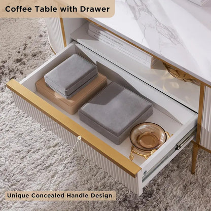 OKD Luxury Oval Coffee Table  48-Inch Grooved Design with Imitation Marble Top and Hidden Drawers