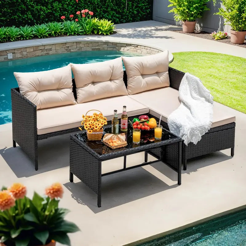 Devoko 3-Piece Beige L-Shaped Rattan Patio Sectional with All-Weather Cushions and Glass Table