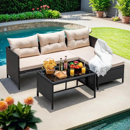 Devoko 3-Piece Beige L-Shaped Rattan Patio Sectional with All-Weather Cushions and Glass Table