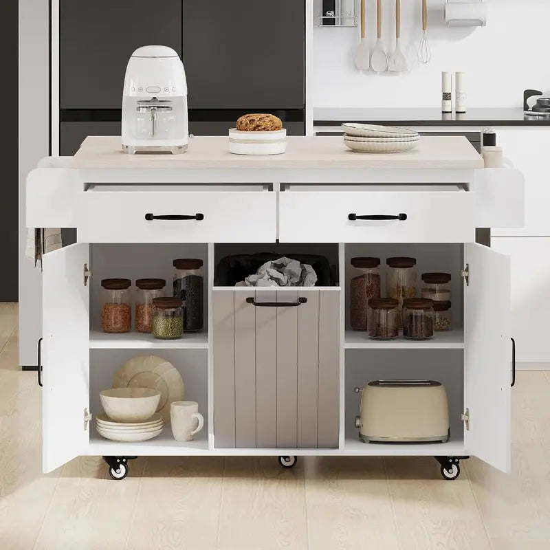 White Rotating Kitchen Island Cart  Foldable-Leg Trolley with Trash Bin, Towel Bar, Drawers, and Internal Shelves