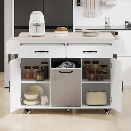 White Rotating Kitchen Island Cart  Foldable-Leg Trolley with Trash Bin, Towel Bar, Drawers, and Internal Shelves