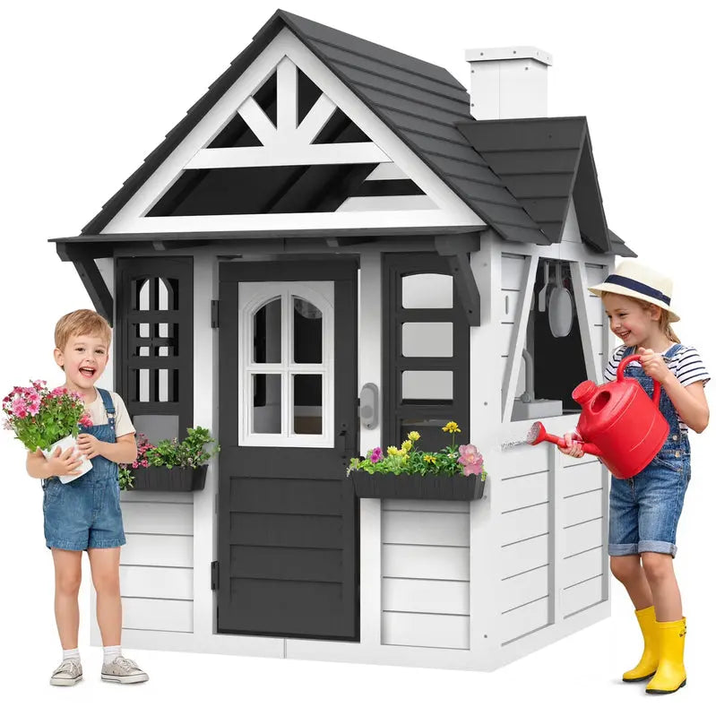 CocluB Wooden Kids’ Playhouse  Outdoor Pretend Play Structure for Ages 48 with Functional Doorbell, Toy Phone, Kitchen Set, and Bilingual Labeling