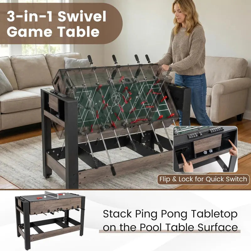 Swivel 3-in-1 Game Table Featuring Foosball, Pool, and Table Tennis Surfaces