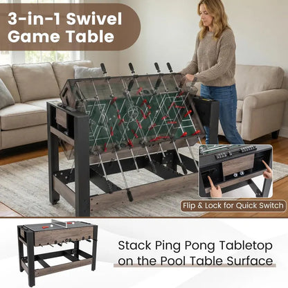 Swivel 3-in-1 Game Table Featuring Foosball, Pool, and Table Tennis Surfaces
