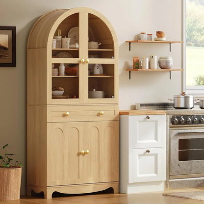 Rustic Arched Kitchen Cabinet  180 cm Tall Glass-Door Pantry with Drawers and Adjustable Interior Shelving