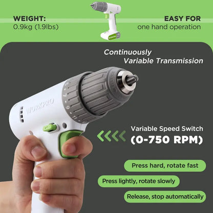 WORKPRO 12V Cordless Drill Driver  3/8″ Keyless Chuck, 18-Torque Settings & 6 Bits