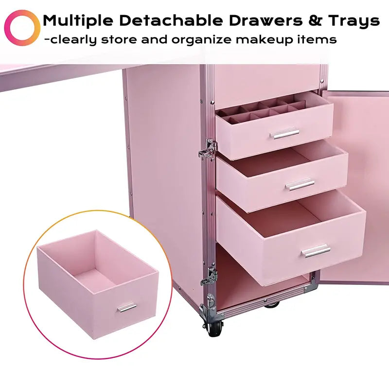 Byootique Portable Nail & Makeup Station  Pink Desk with Mirror, 4 Drawers, Bluetooth, USB Ports
