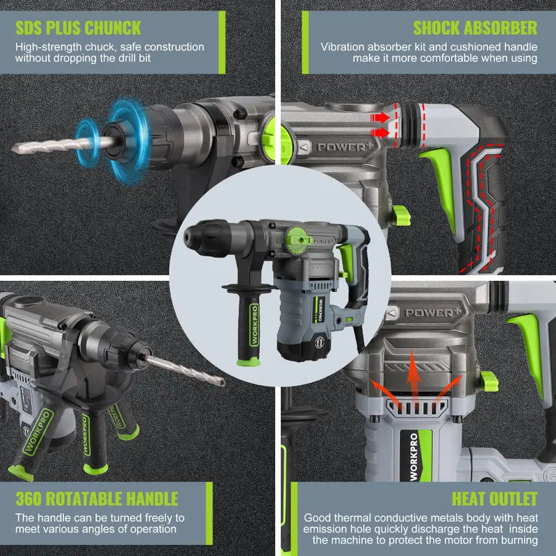 WORKPRO 12.5A SDS-Plus Rotary Hammer Drill  1-1/4″ Heavy-Duty Corded Hammer Drill