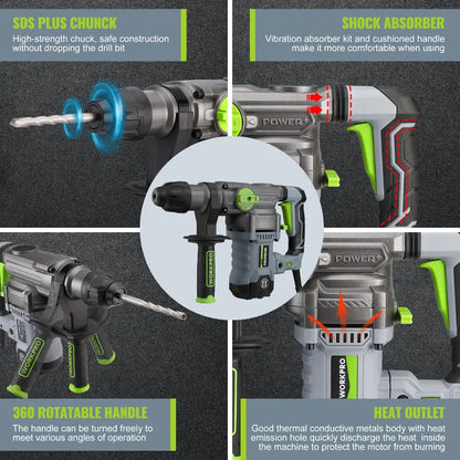 WORKPRO 12.5A SDS-Plus Rotary Hammer Drill  1-1/4″ Heavy-Duty Corded Hammer Drill