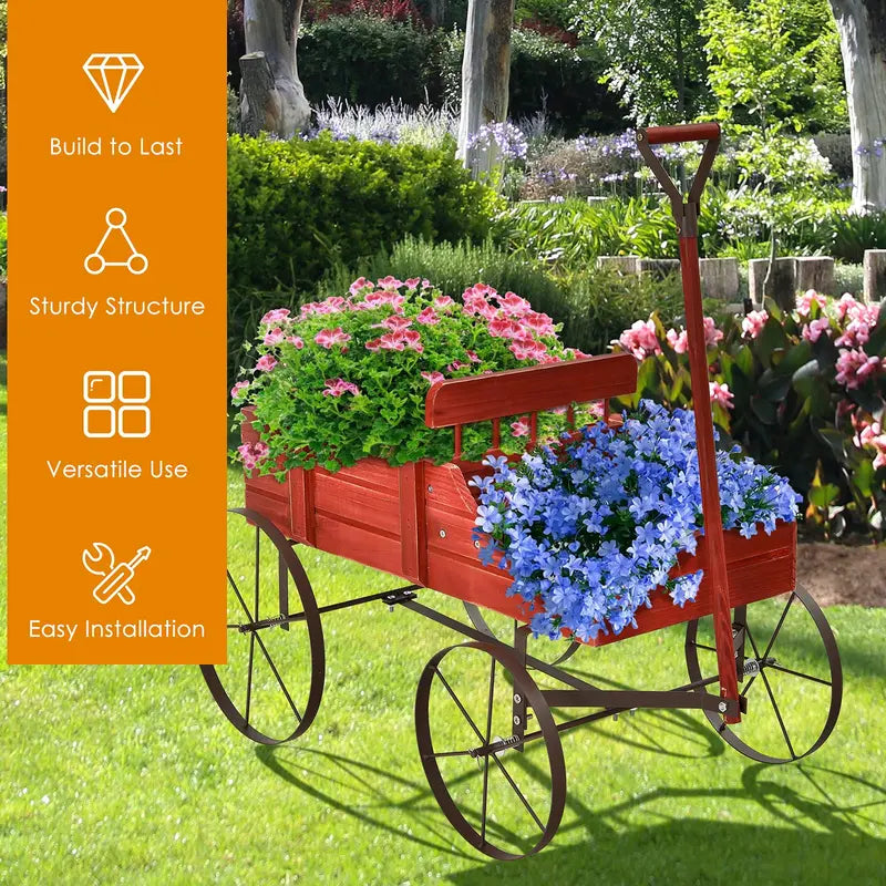 Wooden Wheeled Wagon Planter  Decorative Rolling Garden Planter for Patios and Landscapes