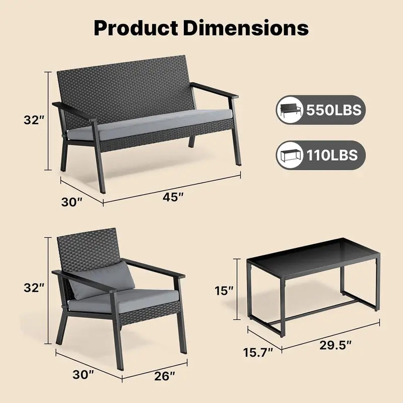 Ahomly 4-Piece Gray Wicker Patio Set  Deep-Seating Outdoor Sofa with Table for Balcony or Backyard