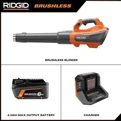 RIDGID 18V Brushless Cordless Leaf Blower  510 CFM, 130 MPH, Includes 6.0Ah Battery &amp; Charger