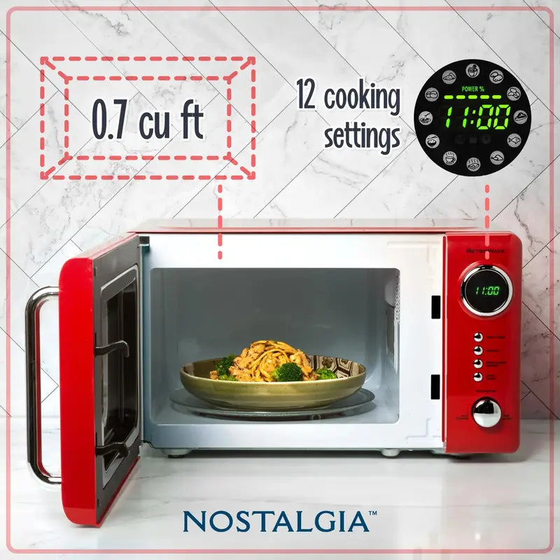 Nostalgia Retro Microwave Oven  0.7 Cu. Ft., 700W Countertop Model with LED Display, Child Lock & Easy-Clean Interior  Red