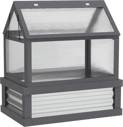 Wooden Raised Garden Bed with Polycarbonate Peak-Roof Greenhouse — 35.5″ x 22.5″ x 38.25″, Gray
