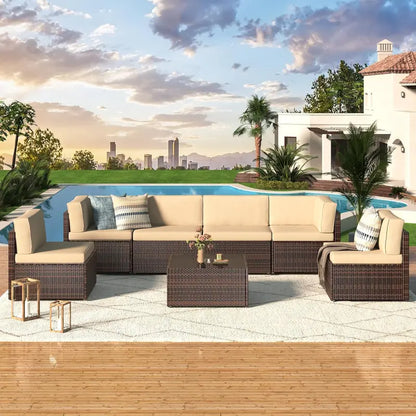 7-Piece PE Rattan Patio Furniture Set  Navy Cushioned Sectional Sofa, Tea Table & Black Wicker Frame for Backyard Use
