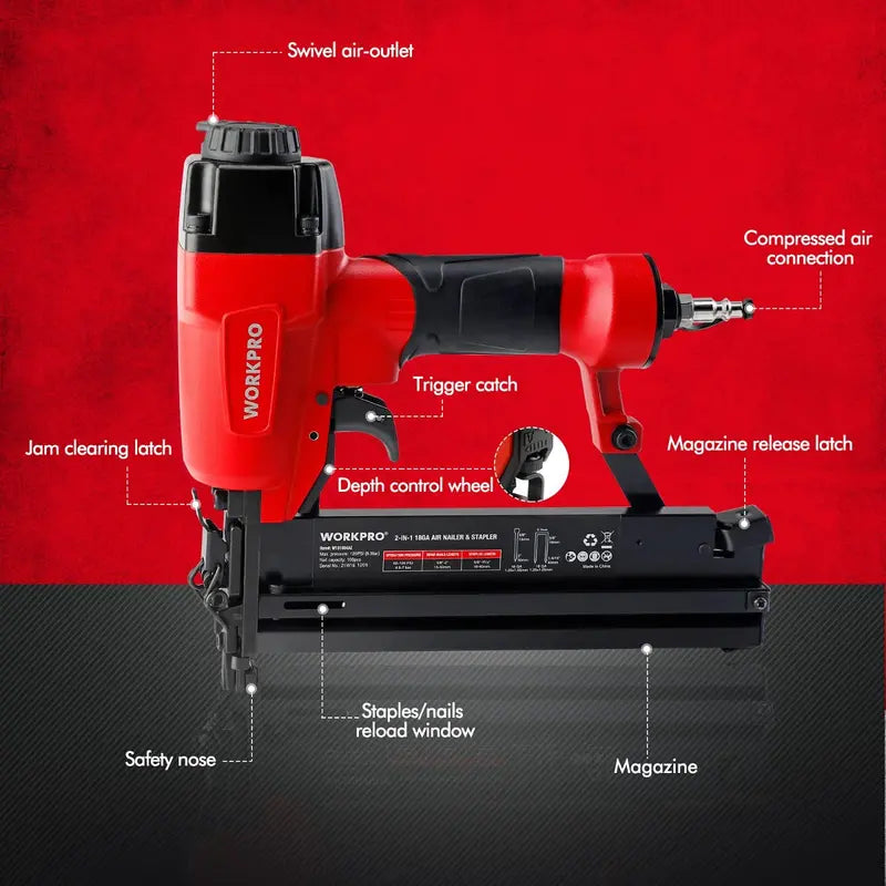 WORKPRO Dual-Function Pneumatic Brad Nailer  Includes 400 Brads & 300 Staples