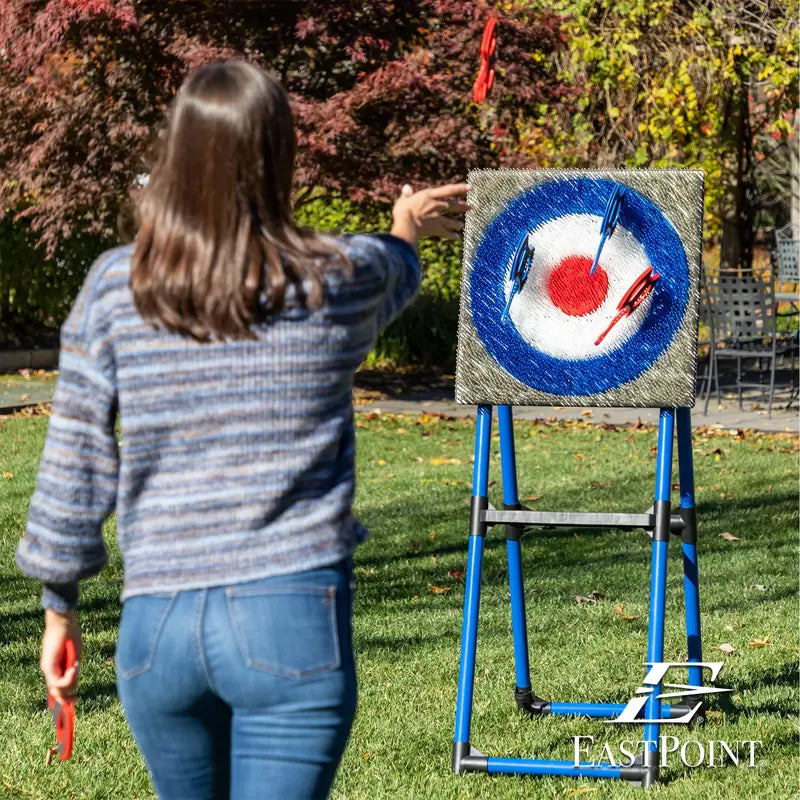 EastPoint Deluxe Axe Throwing Game Set with Steel Frame & Bristle Target  Includes 8 Safe Axes for Outdoor Fun