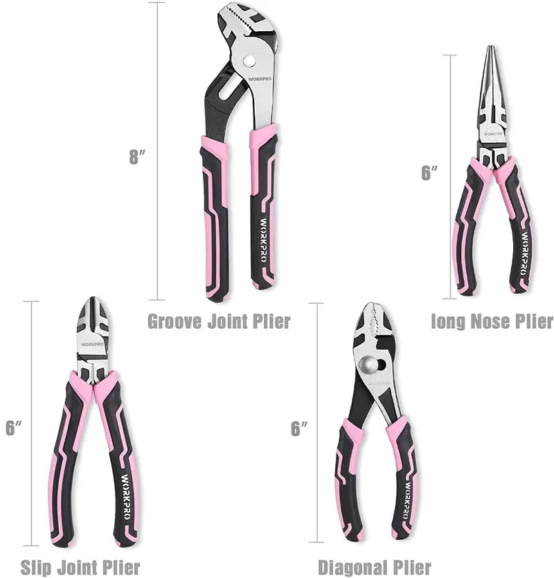 WORKPRO 4-Piece Pink Pliers Set  Ergonomic Grip Tools with Pink Ribbon Packaging