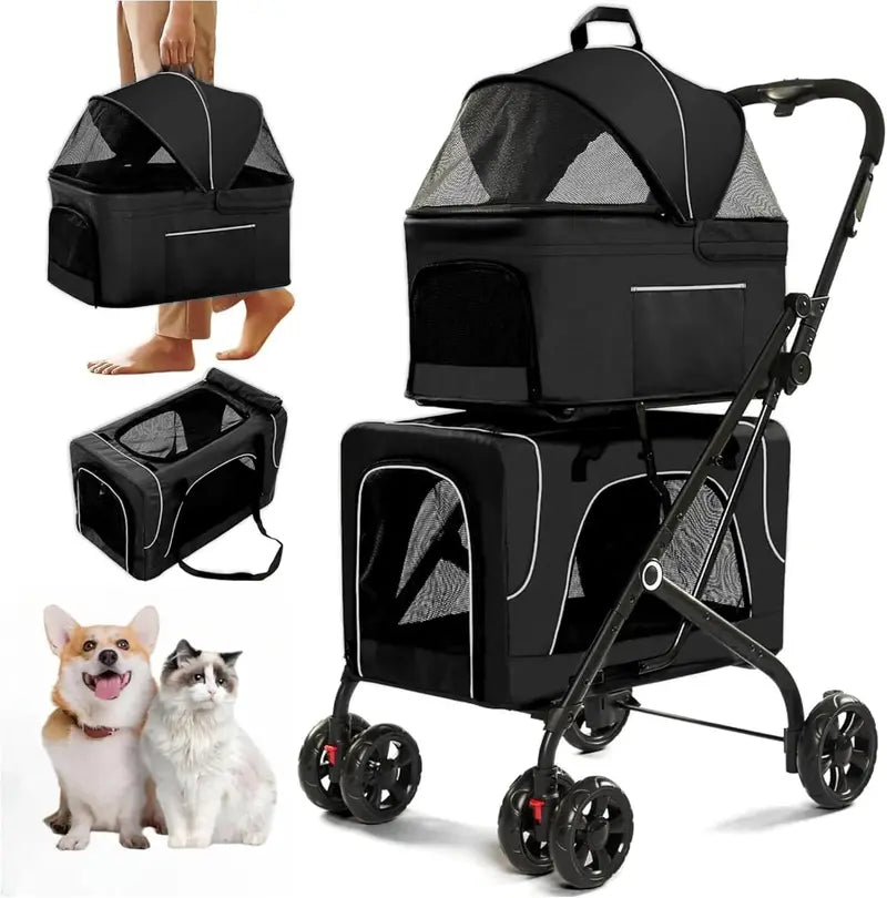 Double Pet Stroller  Foldable Two-Dog Carrier with Detachable Carriers, Locking Wheels, and Safety Harnesses