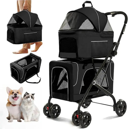 Double Pet Stroller  Foldable Two-Dog Carrier with Detachable Carriers, Locking Wheels, and Safety Harnesses