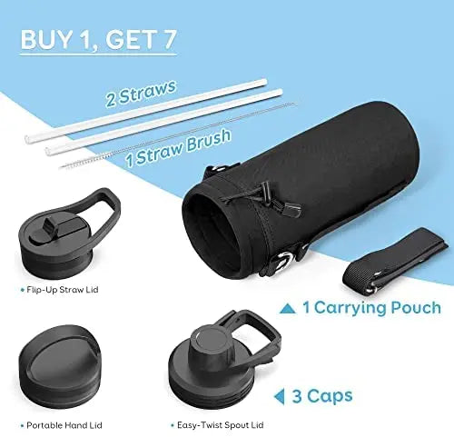 BUZIO 64oz Vacuum Insulated Stainless Steel Water Bottle with Straw & Spout Lids, Leak-Proof, Keeps Drinks Cold 48H/Hot 24H