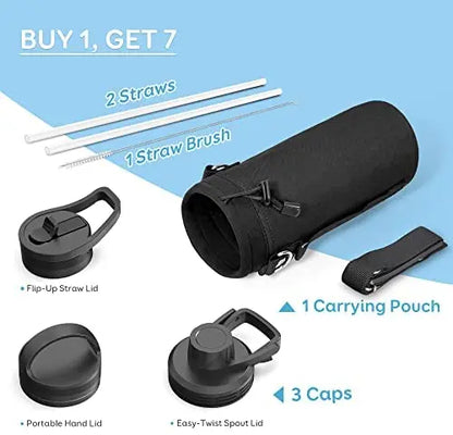 BUZIO 64oz Vacuum Insulated Stainless Steel Water Bottle with Straw & Spout Lids, Leak-Proof, Keeps Drinks Cold 48H/Hot 24H