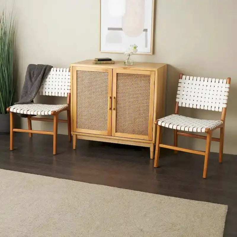 Handwoven Leather Dining Chairs with Teak Frames  Set of Two in Brown, White, or Black