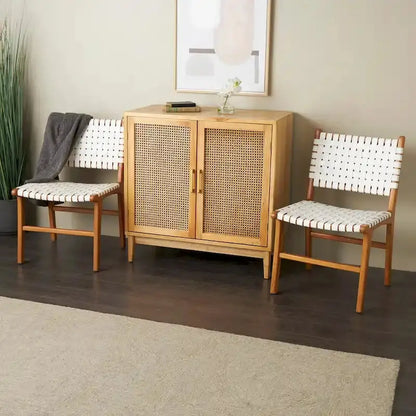 Handwoven Leather Dining Chairs with Teak Frames  Set of Two in Brown, White, or Black
