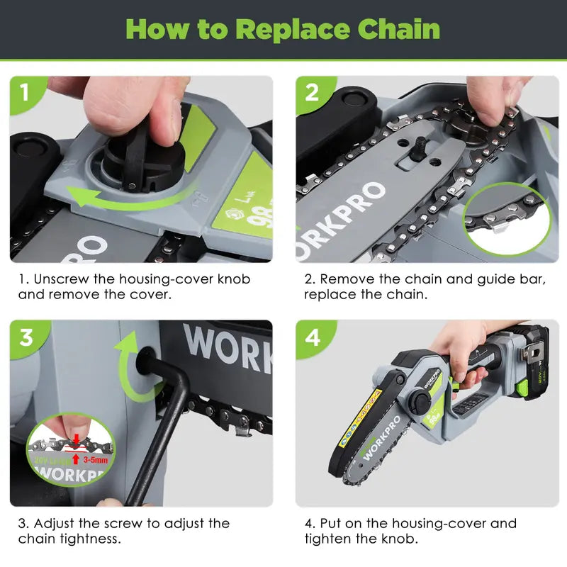 WORKPRO 20V Brushless Cordless Compact Chainsaw  Includes 4.0Ah Battery & Replacement Chain