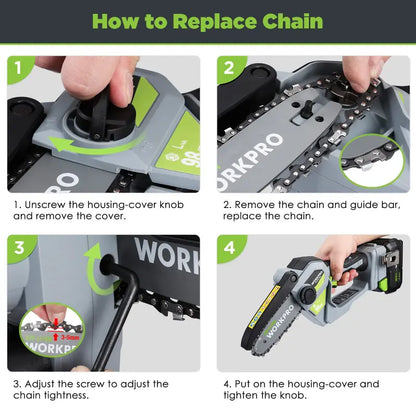 WORKPRO 20V Brushless Cordless Compact Chainsaw  Includes 4.0Ah Battery & Replacement Chain
