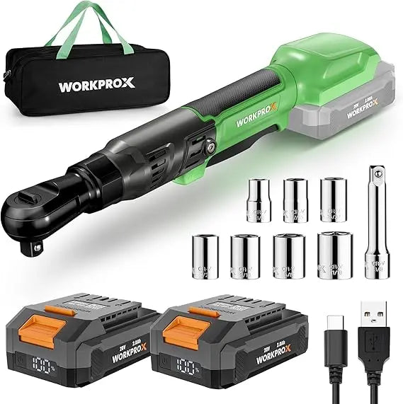 WORKPROX 20V Dual-Socket Cordless Ratchet Wrench Kit  1/2″ & 3/8″ Drive, 74 Ft-Lbs Torque, Includes Two Batteries